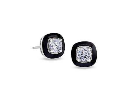 Platinum Finish Sterling Silver Micropave Small Cushion Cut Earrings with Black Enamel and Simulated Diamonds Online now