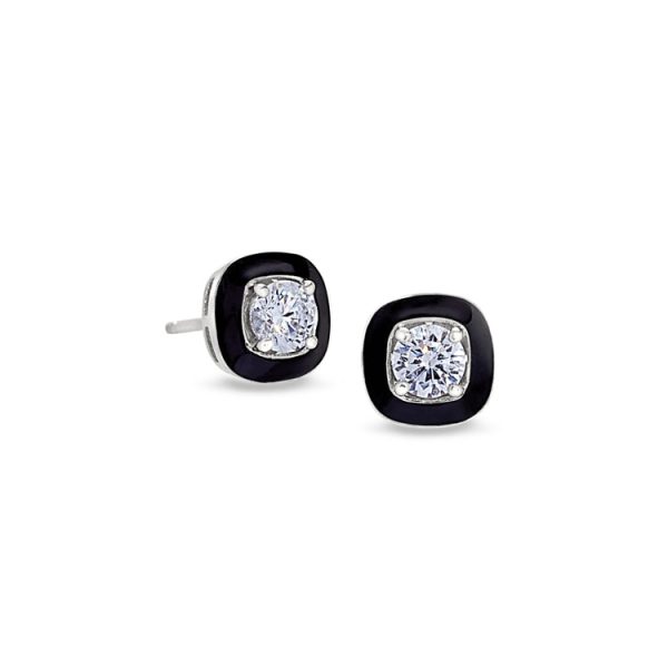 Platinum Finish Sterling Silver Micropave Small Cushion Cut Earrings with Black Enamel and Simulated Diamonds Online now