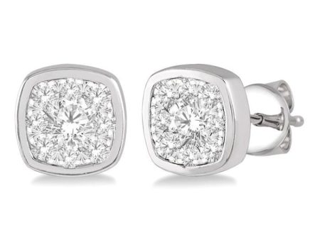 1 3 ctw Cushion Shape Round Cut Diamond Lovebright  Bezel Stud Earring in 14K White Gold Online Hot Sale