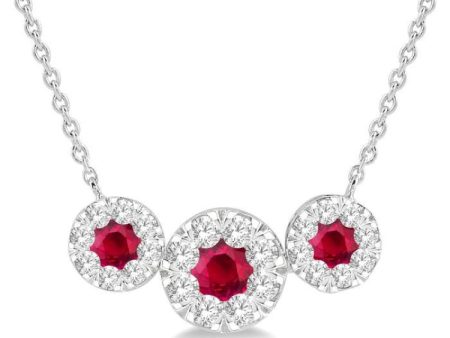 5 8 ctw Tri Stone 3.80MM & 3MM Ruby and Round Cut Diamond Precious Necklace in 14K White Gold Fashion