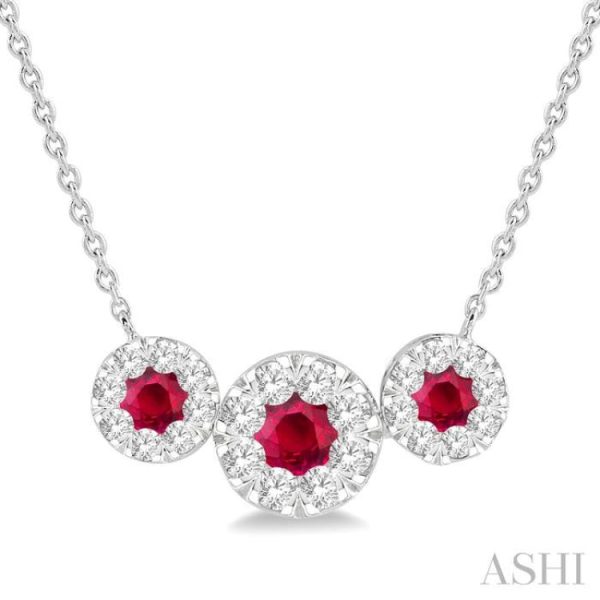 5 8 ctw Tri Stone 3.80MM & 3MM Ruby and Round Cut Diamond Precious Necklace in 14K White Gold Fashion