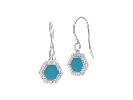 Platinum Finish Sterling Silver Micropave Turquoise Enamel Hexagon Drop Earrings with Simulated Diamonds Supply