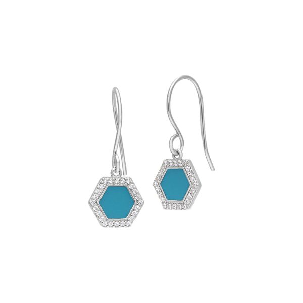 Platinum Finish Sterling Silver Micropave Turquoise Enamel Hexagon Drop Earrings with Simulated Diamonds Supply