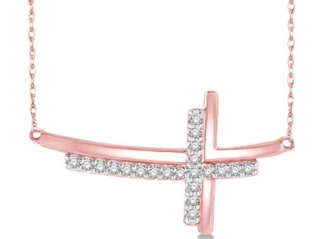 1 10 Ctw Reclining Double Cross Round Cut Diamond Pendant With Link Chain in 10K Rose Gold For Sale