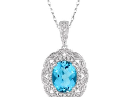 1 10 Ctw Oval Cut 8x6 MM Blue Topaz & Round Cut Diamond Semi Precious Pendant With Chain in 10K White Gold Fashion