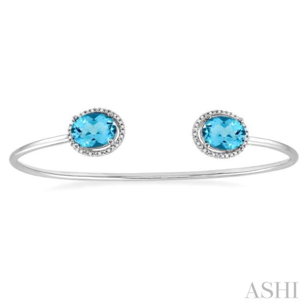 1 10 Ctw Oval Shape 9x7mm Blue Topaz & Round Cut Diamond Bangle in Sterling Silver Online Hot Sale