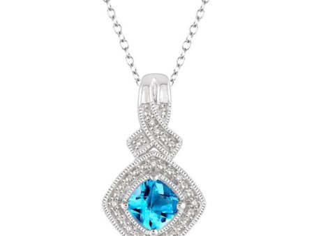 1 50 Ctw Cushion Shape 5x5 MM Blue Topaz & Round Cut Diamond Sterling Silver Pendant With Cable Chain Online Hot Sale