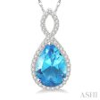 1 4 Ctw Round Cut Diamond and Entwined Pear Cut 12x8 MM Blue Topaz Semi Precious Pendant in 10K White Gold with chain on Sale