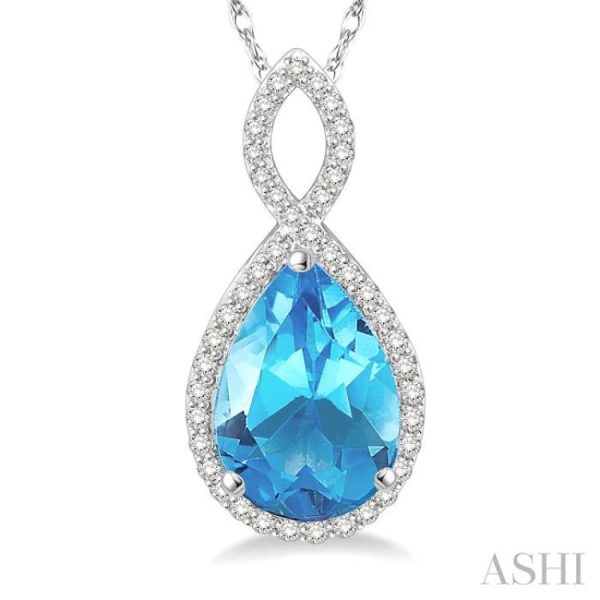 1 4 Ctw Round Cut Diamond and Entwined Pear Cut 12x8 MM Blue Topaz Semi Precious Pendant in 10K White Gold with chain on Sale