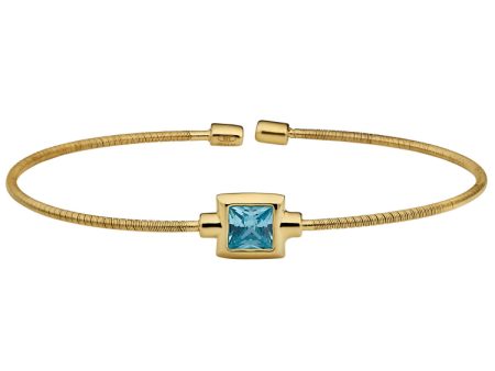 Gold Finish Sterling Silver Cable Cuff Bracelet with Princess Cut Simulated Aqua Marine Birth Gem on Sale