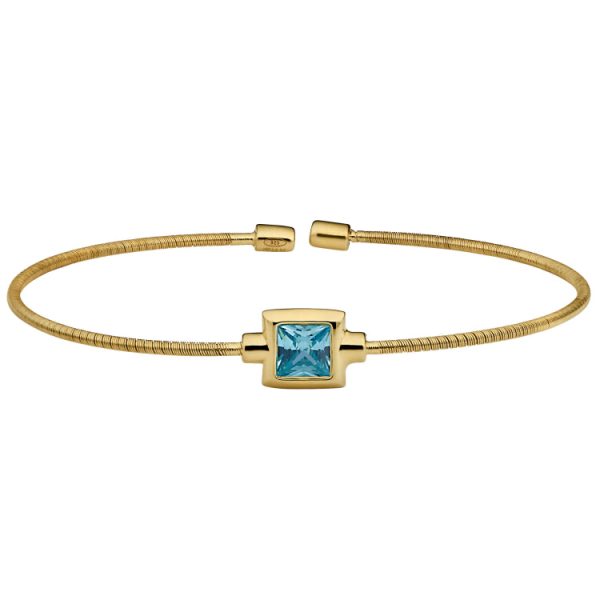 Gold Finish Sterling Silver Cable Cuff Bracelet with Princess Cut Simulated Aqua Marine Birth Gem on Sale