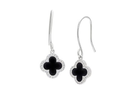 Platinum Finish Sterling Silver Micropave Black Enamel Clover Earrings with Simulated Diamonds For Sale