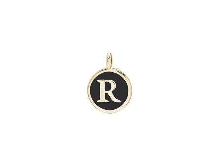 Gold Finish Sterling Silver Black Enamel Initial Charm - R Sale