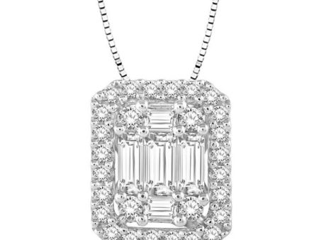 1 2 Ctw Octagonal Baguette & Round Cut Diamond Pendant With Box Chain in 14K White Gold For Sale