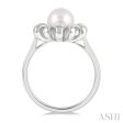 1 10 Ctw Floral 7 MM Round Cultured Pearl & Round Cut Diamond Ring in 10K White Gold Sale