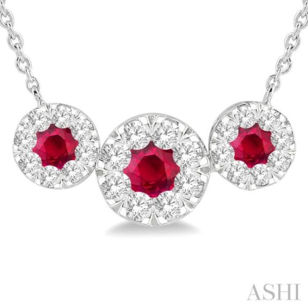 5 8 ctw Tri Stone 3.80MM & 3MM Ruby and Round Cut Diamond Precious Necklace in 14K White Gold Fashion