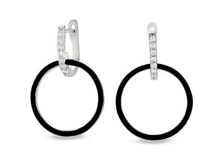 Platinum Finish Sterling Silver Micropave Black Enamel Open Hoop Earrings with Simulated Diamonds Online Sale