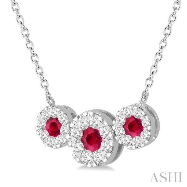 5 8 ctw Tri Stone 3.80MM & 3MM Ruby and Round Cut Diamond Precious Necklace in 14K White Gold Fashion