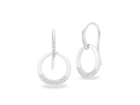 Platinum Finish Sterling Silver Micropave White Enamel Open Circle Drop Earrings with Simulated Diamonds Online now