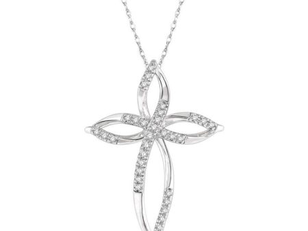 1 10 Ctw Twisted Cross Charm Round Cut Diamond Pendant With Chain in 10K White Gold For Discount