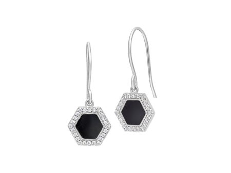 Platinum Finish Sterling Silver Micropave Black Enamel Hexagon Earrings with Simulated Diamonds Online Sale