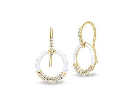 Gold Vermeil Sterling Silver Micropave White Enamel Open Circle Drop Earrings with Simulated Diamonds Supply