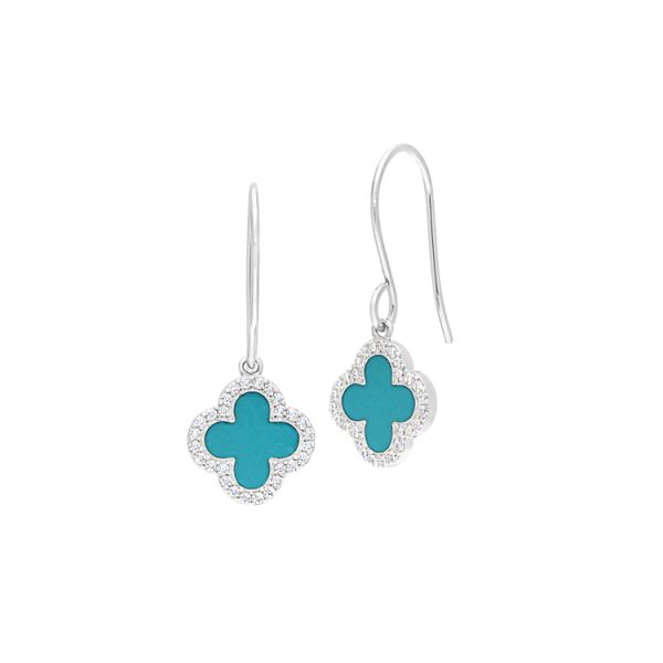 Platinum Finish Sterling Silver Micropave Turquoise Enamel Hexagon Earrings with Simulated Diamonds Sale