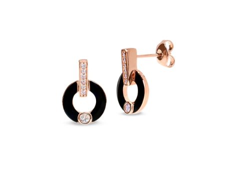 Rose Gold Finish Sterling Silver Micropave Round Drop Earrings with Black Enamel and Simulated Diamonds Discount