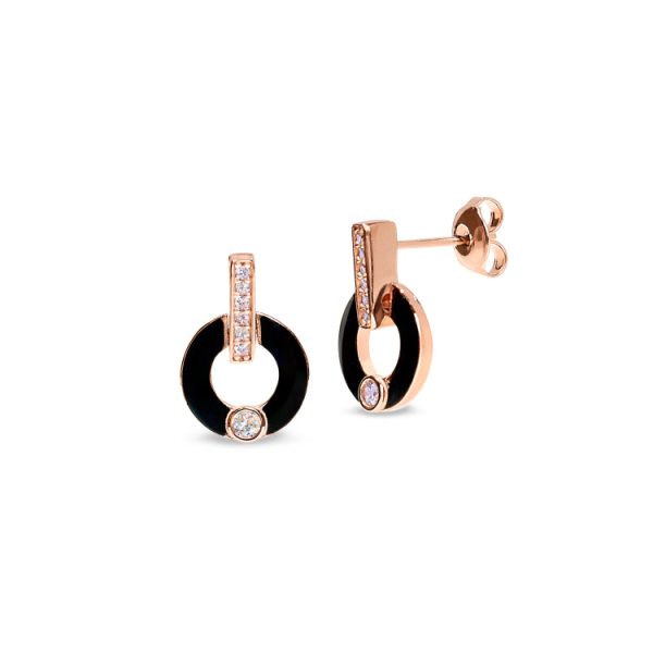 Rose Gold Finish Sterling Silver Micropave Round Drop Earrings with Black Enamel and Simulated Diamonds Discount