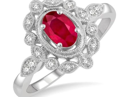 1 8 Ctw Lattice Reverse Taper Shank Round Cut Diamond & 6x4 MM Oval Cut Ruby Precious Ring in 10K White Gold Discount