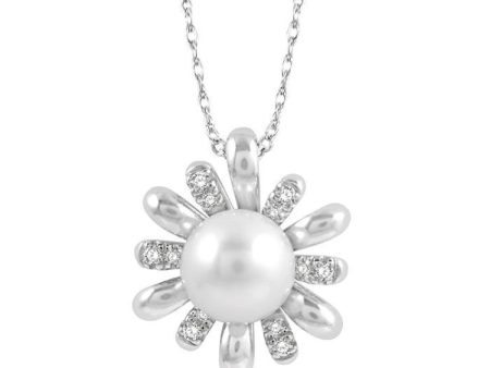 1 10 Ctw Floral 7 MM Round Cultured Pearl & Round Cut Diamond Pendant With Chain in 10K White Gold Sale