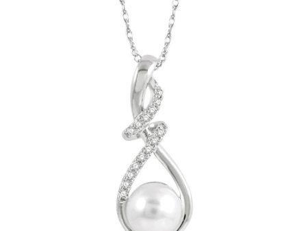 1 10 ctw Swirl Top 7X7  MM Cultured Pearl and Round Cut Diamond Fashion Pendant With Chain in 10K White Gold Online Sale