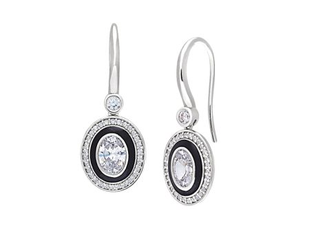 Platinum Finish Sterling Silver Micropave Oval Halo Earrings with Black Enamel and Simulated Diamonds Online now