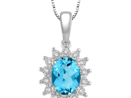 1 10 Ctw Oval Shape 8x6 MM Blue Topaz & Round Cut Diamond Semi Precious Pendant in 10K White Gold Fashion