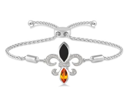 1 20 Ctw Marquise 10x5 MM Onyx & 8x4 MM Citrine Round Diamond Fleur De Lis Sterling Silver Lariat Bracelet Hot on Sale