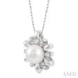 1 10 Ctw Floral 7 MM Round Cultured Pearl & Round Cut Diamond Pendant With Chain in 10K White Gold Sale