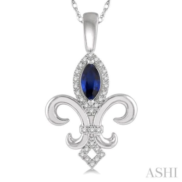 1 10 Ctw 6x3 MM Marquise Shape Sapphire & Round Cut Diamond Fleur De Lis Precious Pendant With Chain in 10K White Gold Discount