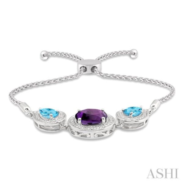 1 20 Ctw Oval 10x8 MM Amethyst & Pear Shape 7x5 MM Blue Topaz Round Diamond 3Stone Sterling Silver Lariat Bracelet Online now