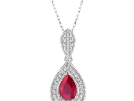 1 10 Ctw Pear Shape 6x4 MM Ruby & Round Cut Diamond Precious Pendant With Chain in 10K White Gold Online now