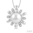 1 10 Ctw Floral 7 MM Round Cultured Pearl & Round Cut Diamond Pendant With Chain in 10K White Gold Sale