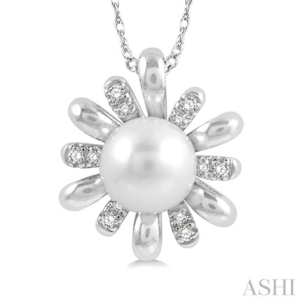 1 10 Ctw Floral 7 MM Round Cultured Pearl & Round Cut Diamond Pendant With Chain in 10K White Gold Sale