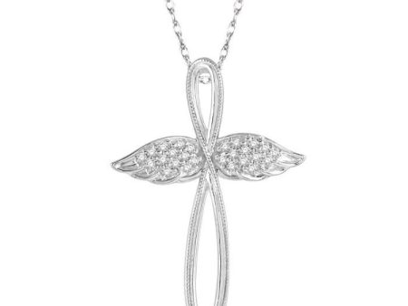 1 10 Ctw Twisted Cross Angel Wings Round Cut Diamond Pendant With Chain in 10K White Gold Hot on Sale