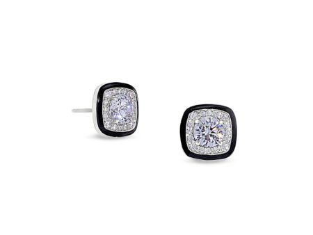 Platinum Finish Sterling Silver Micropave Cushion Cut Earrings with Thin Black Enamel and Simulated Diamonds Online now