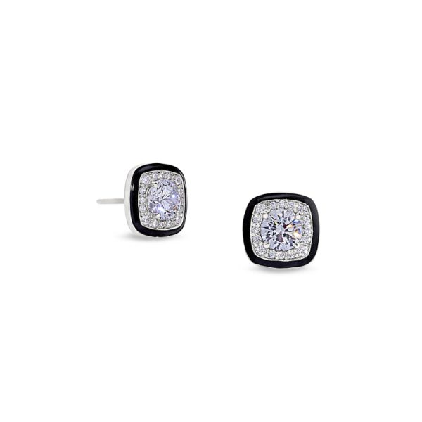 Platinum Finish Sterling Silver Micropave Cushion Cut Earrings with Thin Black Enamel and Simulated Diamonds Online now