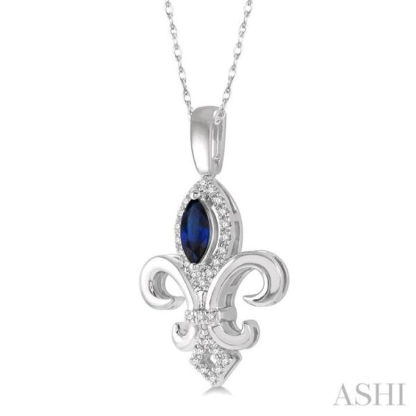 1 10 Ctw 6x3 MM Marquise Shape Sapphire & Round Cut Diamond Fleur De Lis Precious Pendant With Chain in 10K White Gold Discount