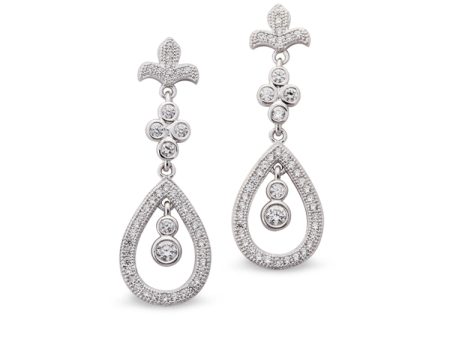 Platinum Finish Sterling Silver Micropave Fleur De Lis Teardrop Drop Earrings with 88 Simulated Diamonds For Sale