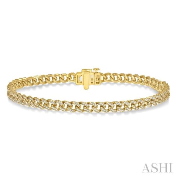 1 Ctw Round Cut Diamond Curb Bracelet in 14K Yellow Gold For Sale