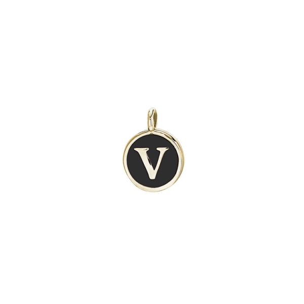 Gold Finish Sterling Silver Black Enamel Initial Charm - V Online