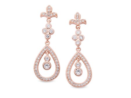 Rose Gold Finish Sterling Silver Micropave Fleur De Lis Teardrop Drop Earrings with 88 Simulated Diamonds Discount