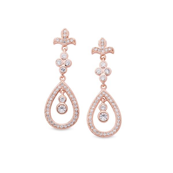 Rose Gold Finish Sterling Silver Micropave Fleur De Lis Teardrop Drop Earrings with 88 Simulated Diamonds Discount